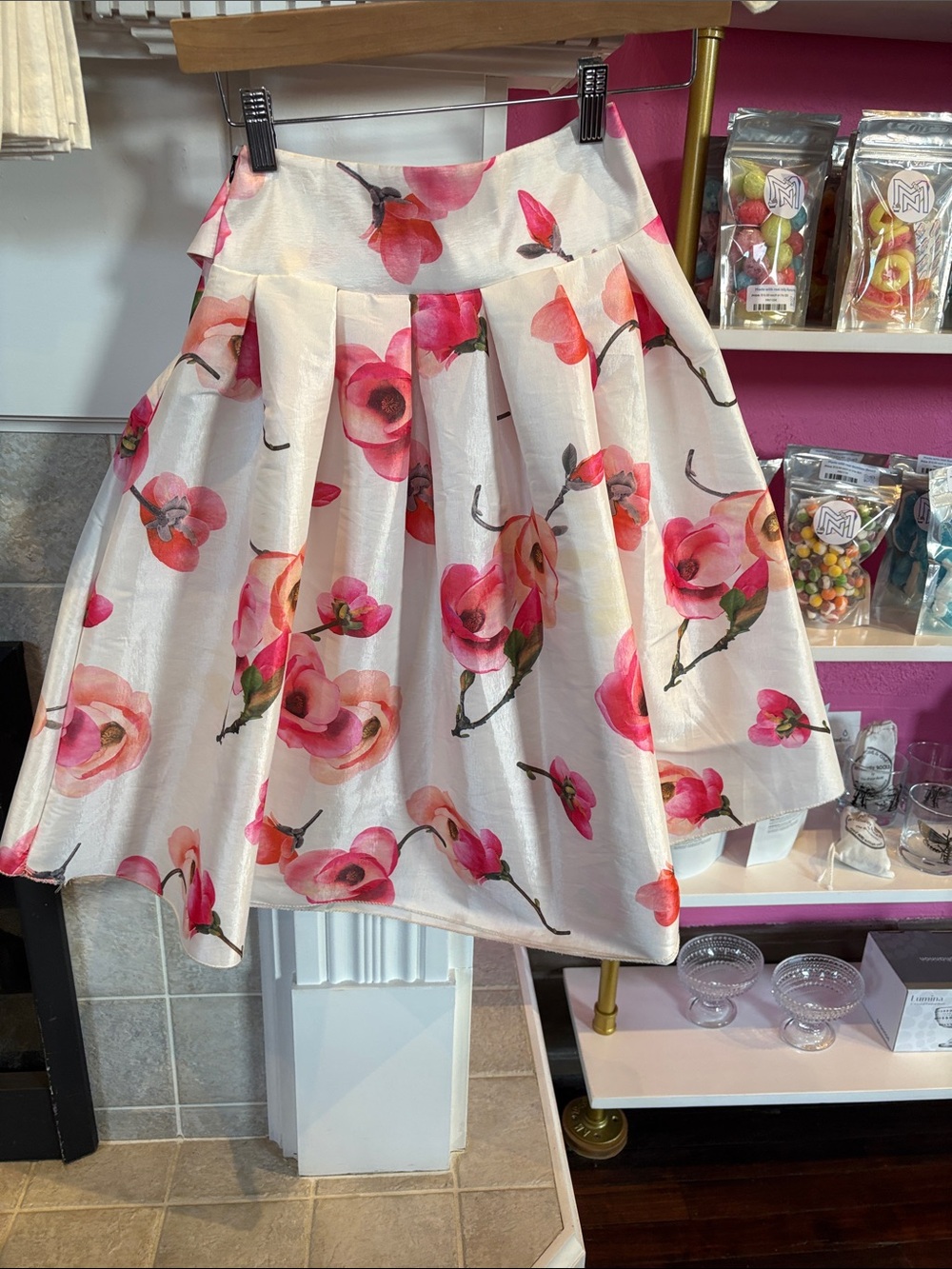 Floral Pleated A-Line Skirt - Pink Floral on Cream